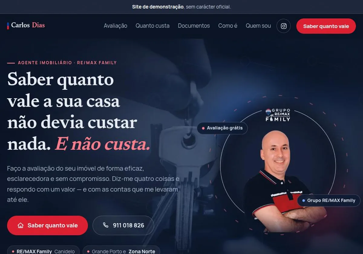 Página inicial da demonstração do agente imobiliário Carlos Dias