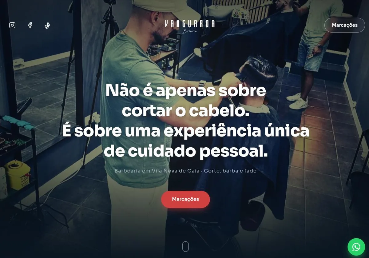 Página inicial do site da Barbearia Vanguarda